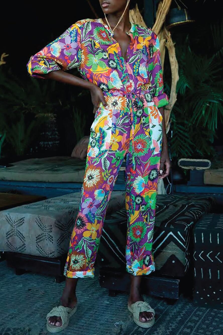 LE SUPERBE Lotus Land Floral Print 3/4  Long Sleeve Retro Jumpsuit size 0